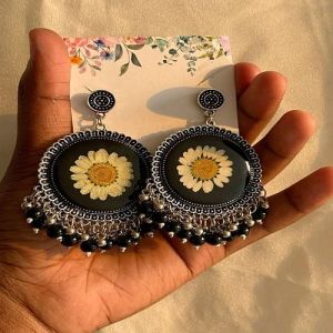 Glossy Black Round Resin Jhumka Earrings