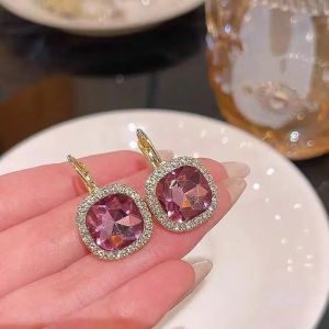 Metal Alloy Polished Pink Cubic Zirconia Drop Hook Earrings