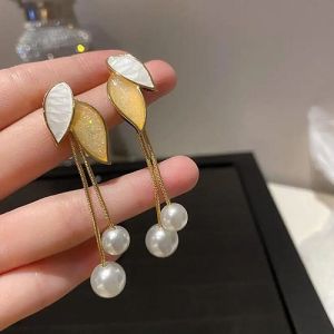 White and Golden Leaf and Pearl Drop Earrings