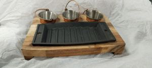 Cast Iron & Wooden Serving Platter Set, Shape : Rectangular