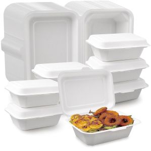 Sugarcane Bagasse Hinged Food Container, Color : Natural White