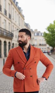 Mens Burnt Orange Wool Blend Double Breasted Blazer