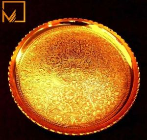 Golden Brass Embossed Round Decorative Tray 20x2.5cm