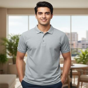 Mens Grey Cotton Polo T-Shirt