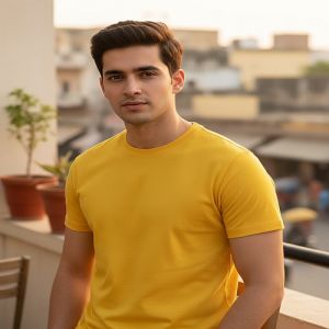 Mens Yellow Cotton Round Neck T-Shirt