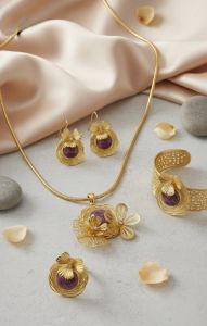 Purple Stone Accent Gold Toned Pendent Set