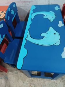 Rectangular Wooden Play School Table Set with Blue Dolphin Theme