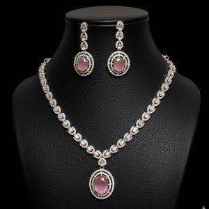 Cubic Zirconia Romantic Pink Cz Necklace Set, Brand Name : NIPSTec