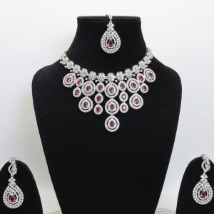 Ruby Red Teardrop AD Bridal Necklace Set