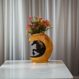 Peach Polyresin Horse Flower Pot Statue, Color : Black & Gold