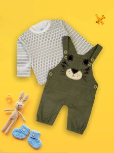 Meemee Stylish Baby Boy Olive Denim Romper Set