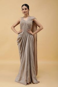 Champagne Radiance Kutdana Embroidered Crushed Draped Gown