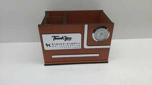 Wood Brown Designer Pen Stand, Packaging Type : Box