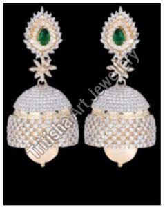 Silver Emerald Studded Jhumka Earrings