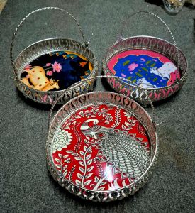 Printed Polished Metal Pichwai Silver Tray Multisize for Serving