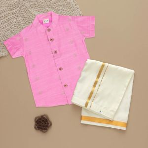 Boys Bright Pink Ethnic Silk Shirt & Dhoti Set