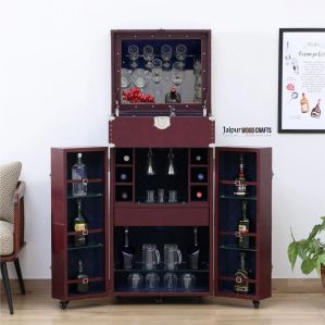 Chavez Leatherette Two Door Bar Cabinet in Wine Red Colour