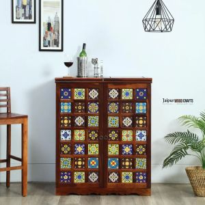 Siramika Sheesham Wood Bar Cabinet in Honey Oak Finish