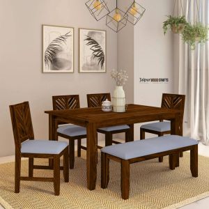 Wood 6 Seater Dining Set in Scratch Resistant Provincial Teak Finish with Bench