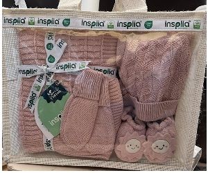 Certified Knitted Cotton Baby Bootie Gift Set with Mittons, Cap & Baby Blanket