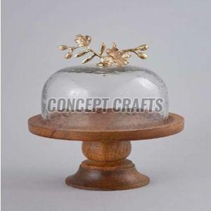 Natural Wooden Cake Stand With Glass Dome