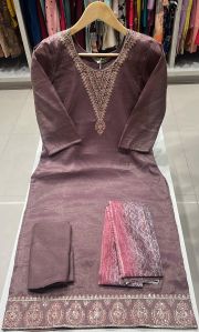 Ladies Embroidered Brown Cotton Silk Suit