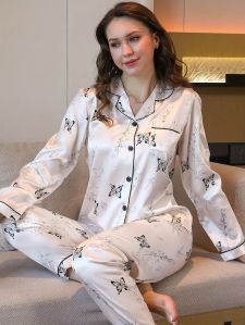 Ladies White Printed Satin Night Suit