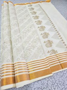 Unstitched Kerala Cotton Printed Saree, Color : Cream, Yellow