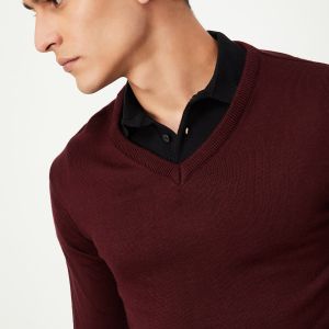 Solid Wool Mens V Neck Sweater, Color : Red