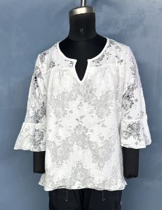 Ladies White Cotton Embroidered Tops