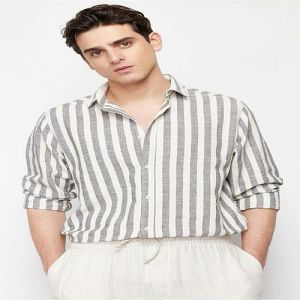 Mens White and Grey Striped Cotton Shirt