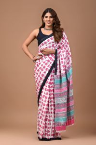 Bagru Handblock Printed Mulmul Cotton Saree