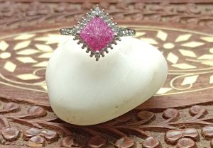 Silver-Toned Pink Square Ring