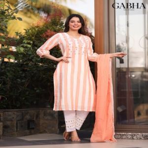 Cotton Embroidery Striped Kurta Set with Dupatta