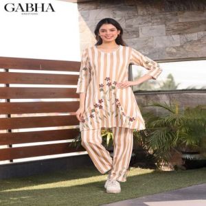 Cotton Embroidery Striped Women Co-ord Set