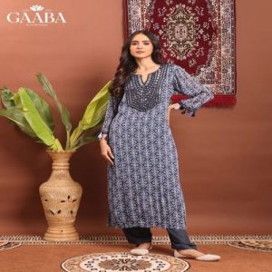 Navy Blue Muslin Kurti Pant Set