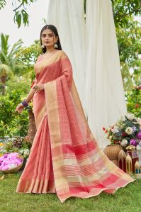 ladies peach mosques tissue saree