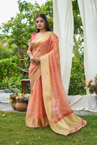 Ladies Peach Simmer Silk Sarees