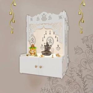 Om Swastik Kalash Symbol Whtie Wooden Temple