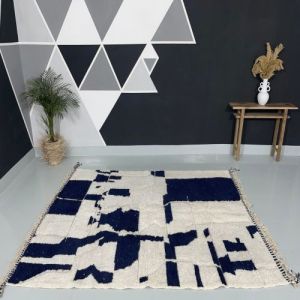 Abstract Irregular Block Navy Blue & White Hand Knotted Moroccan Rug