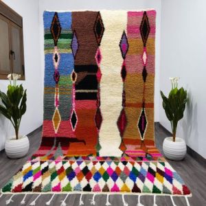 Abstract Multi Color Striped Diamond Hand Knotted Moroccan Rug