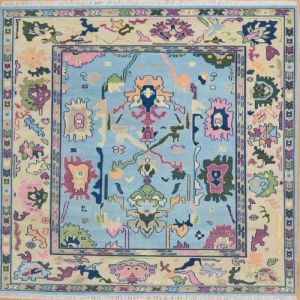 Abstract Pastel Floral Blue Hand Knotted Rug