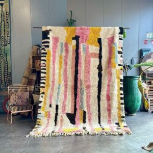 Abstract Vertical Stripe Multi Color Hand Knotted Moroccan Rug