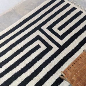 Bold Striped Geometric Black & White Hand Knotted Moroccan Rug