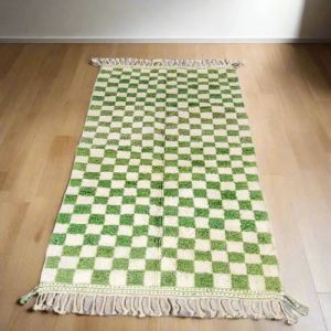 Green & White Checkered Hand Knotted Moroccan Rug