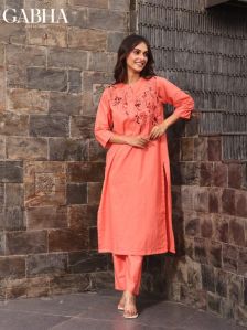 Orange Cotton Kurti Pant Set