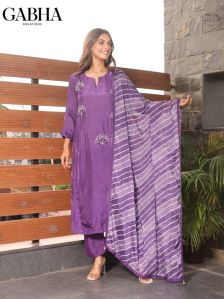 Russian Silk Embroidery Plain Kurta Pant Dupatta